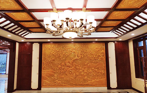 围场中式别墅客厅中式木作横梁吊顶装饰展示